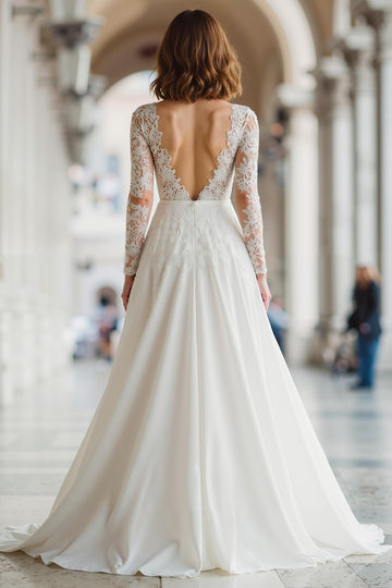 Ivory A-Line Long Sleeve Wedding Dress With Lace Appliques